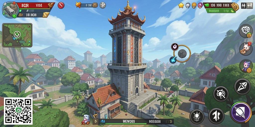 Gameplay menegangkan dalam 8QR, menara bertahan dari serangan musuh.