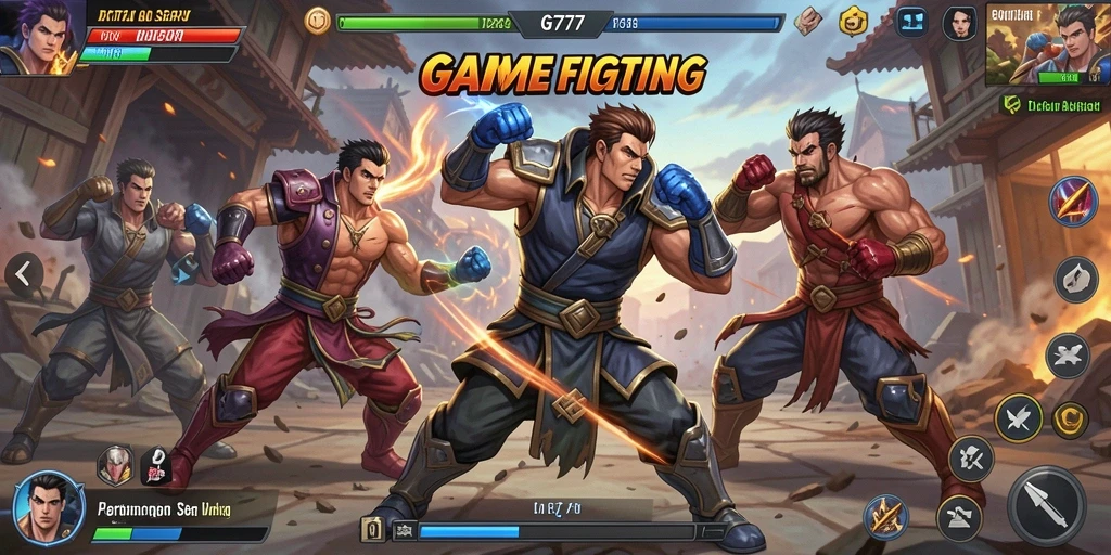 Screenshot GT777 menampilkan pertarungan seru antara dua karakter di arena.