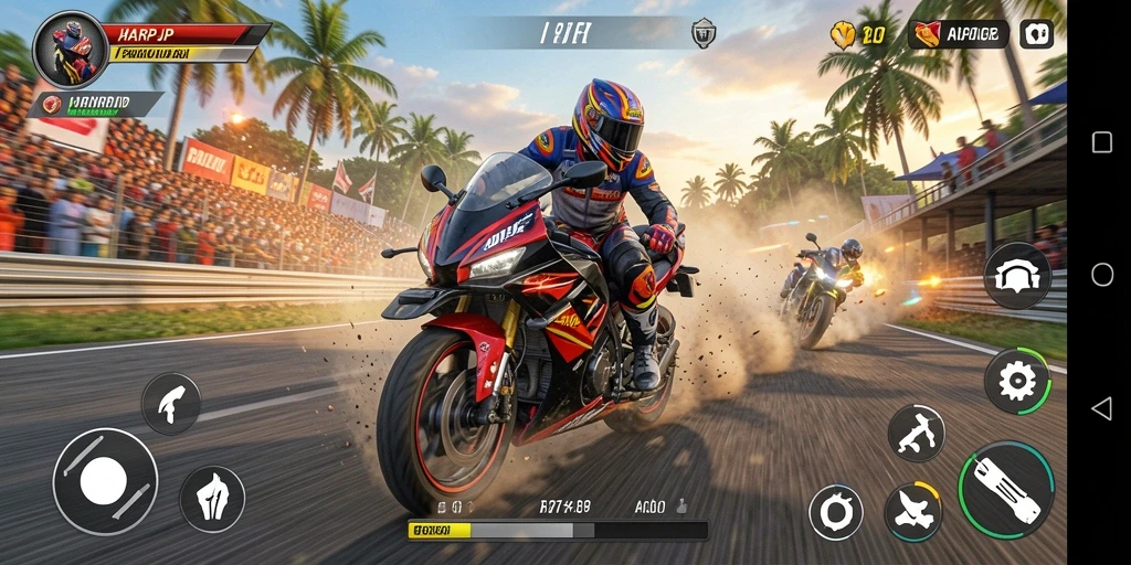 Tangkapan layar gameplay HARAPJP dalam aksi balapan motor yang mendebarkan.