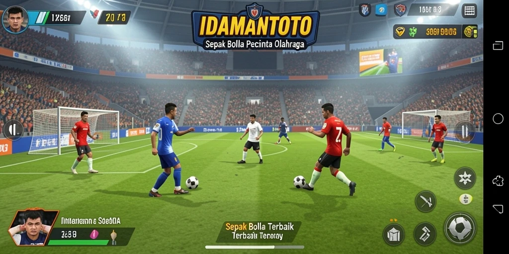 Tampilan gameplay sepenuh aksi dalam IDAMANTOTO di lapangan sepak bola.