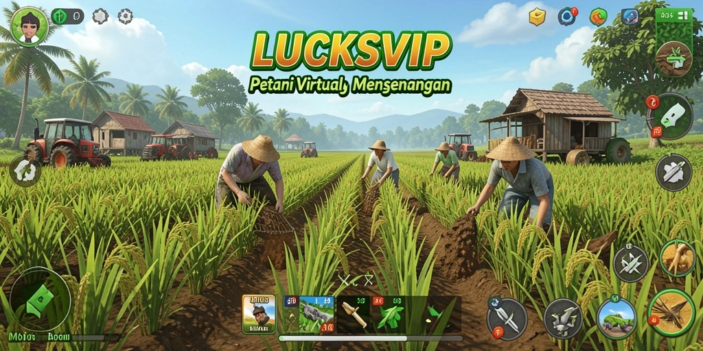Tampilan gameplay <strong>LUCKSVIP</strong> dengan ladang subur dan hewan ternak.