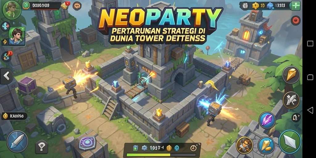 Screenshot gameplay NEOPARTY menunjukkan pertempuran seru dengan tower yang strategis.