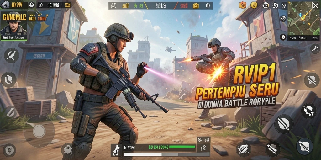 Screenshot gameplay RVIP1 yang mendebarkan dalam pertempuran Battle Royale.