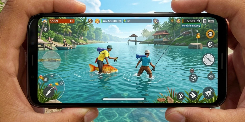 Screenshot gameplay S9S9 menampilkan aksi memancing yang seru.