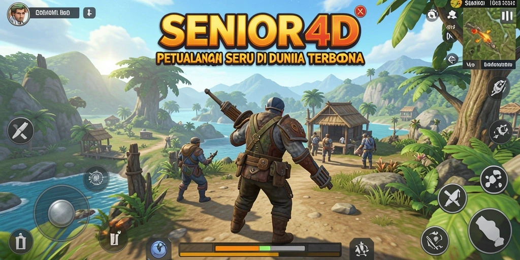 Screenshot menunjukkan keindahan dunia terbuka SENIOR4D dengan karakter yang sedang menjelajah.